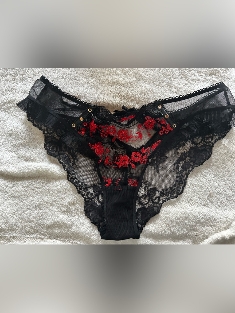 Honey Birdette rare Frida black mesh and red embroidered panty-M